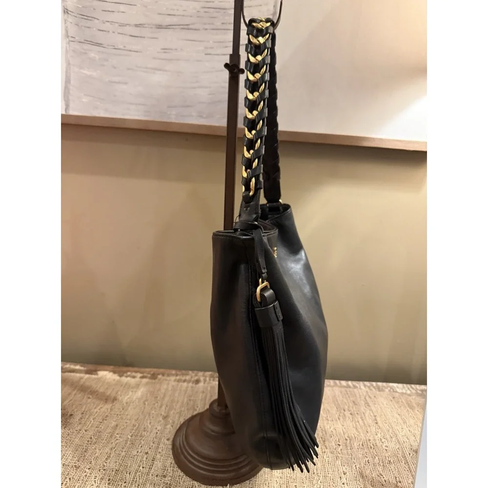 Tory Burch Brooke Minimalist Hobo Bag Black‎ Leather Gold Braided Handle 598$